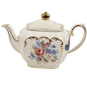 Vintage Sadler England Cube Teapot Ivory Pink Rose Gold Gilt Trim Label 2997